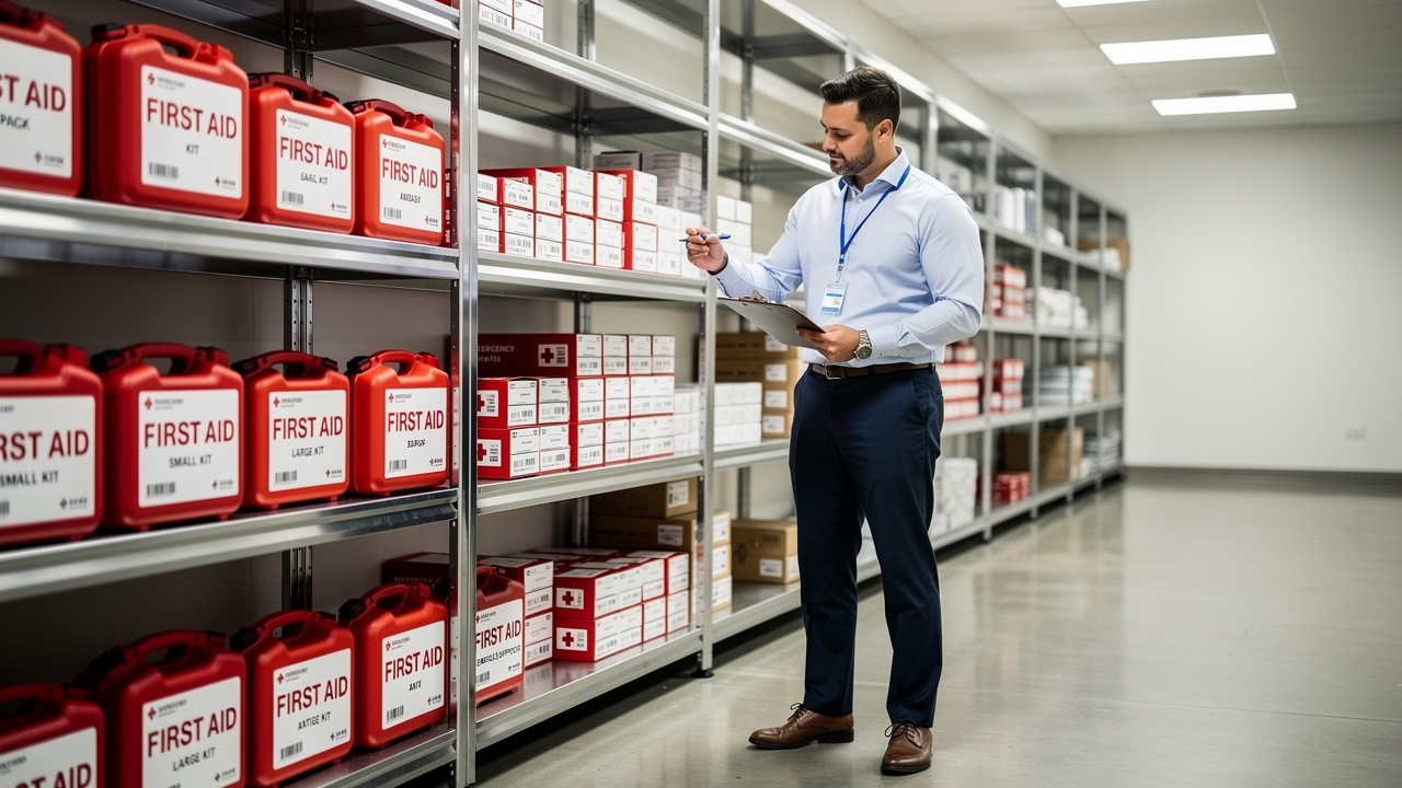 Manager conducting systematic bulk first aid kits inventory review