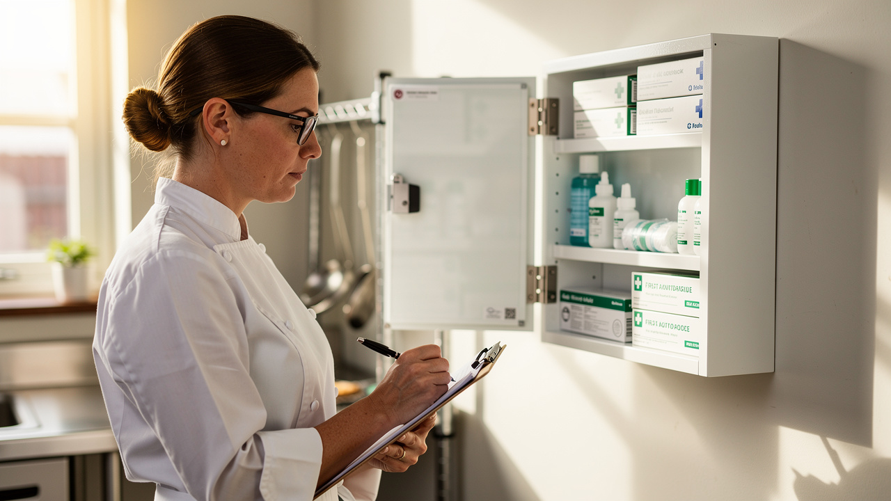 Kitchen manager inspecting restaurant first aid kit supplies
