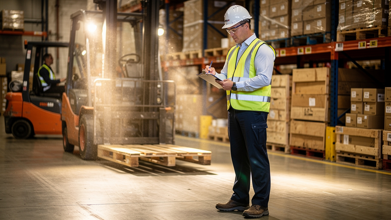 Safety manager performing workplace hazard assessment in warehouse