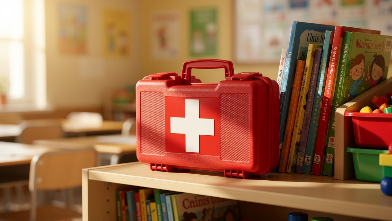 First aid kit positioned for quick access in classroom