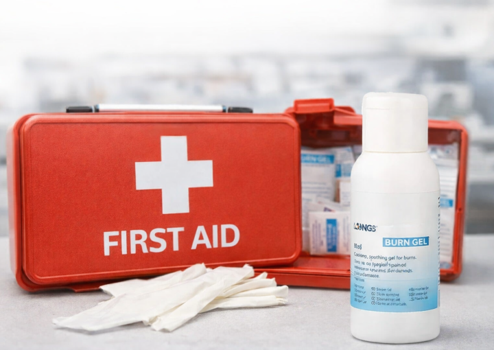 burn gel placed in front of a firstaid box
