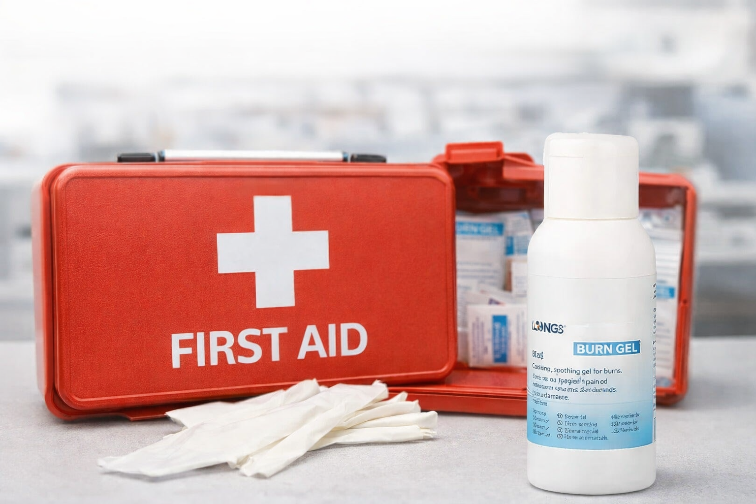 burn gel placed in front of a firstaid box