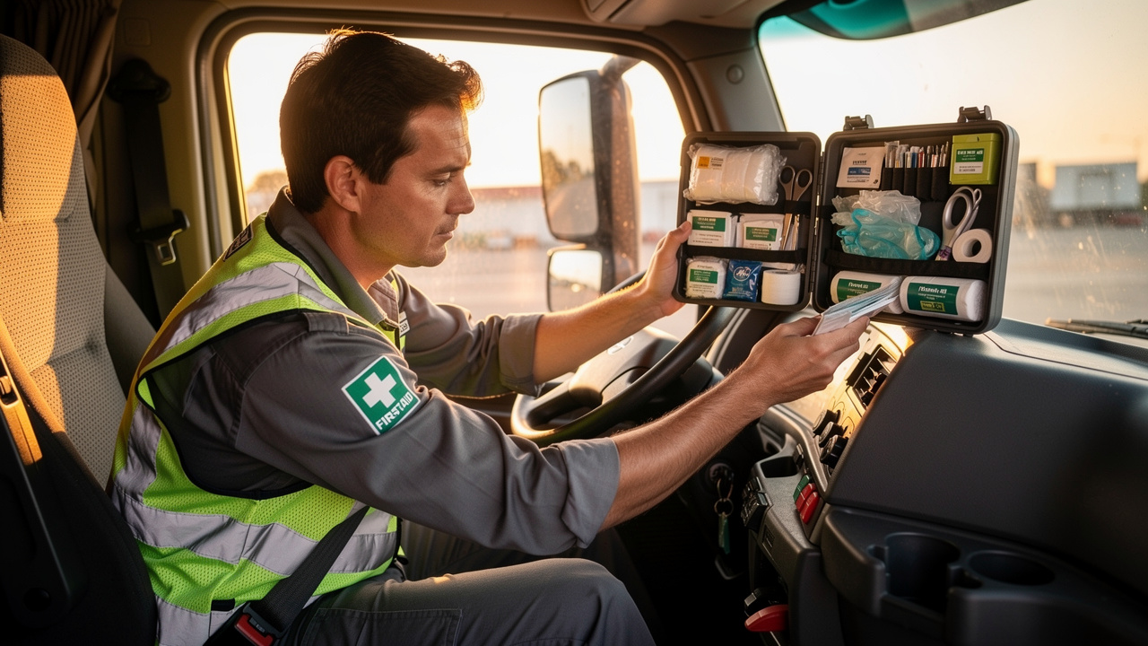 Fleet professional conducting vehicle first aid kit inspection