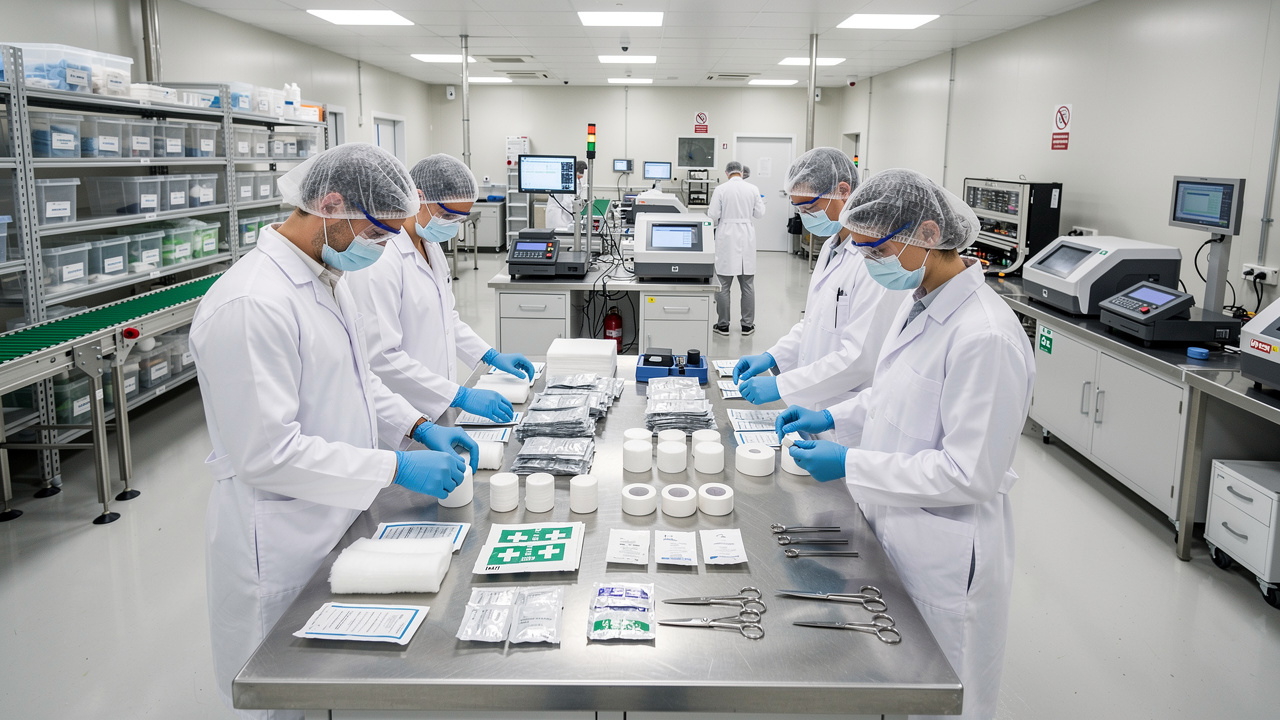 Quality control inspection in first aid manufacturing facility