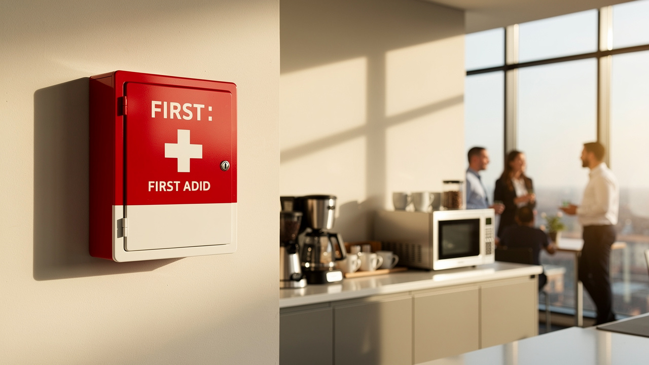 First aid cabinet mounted in corporate office break room