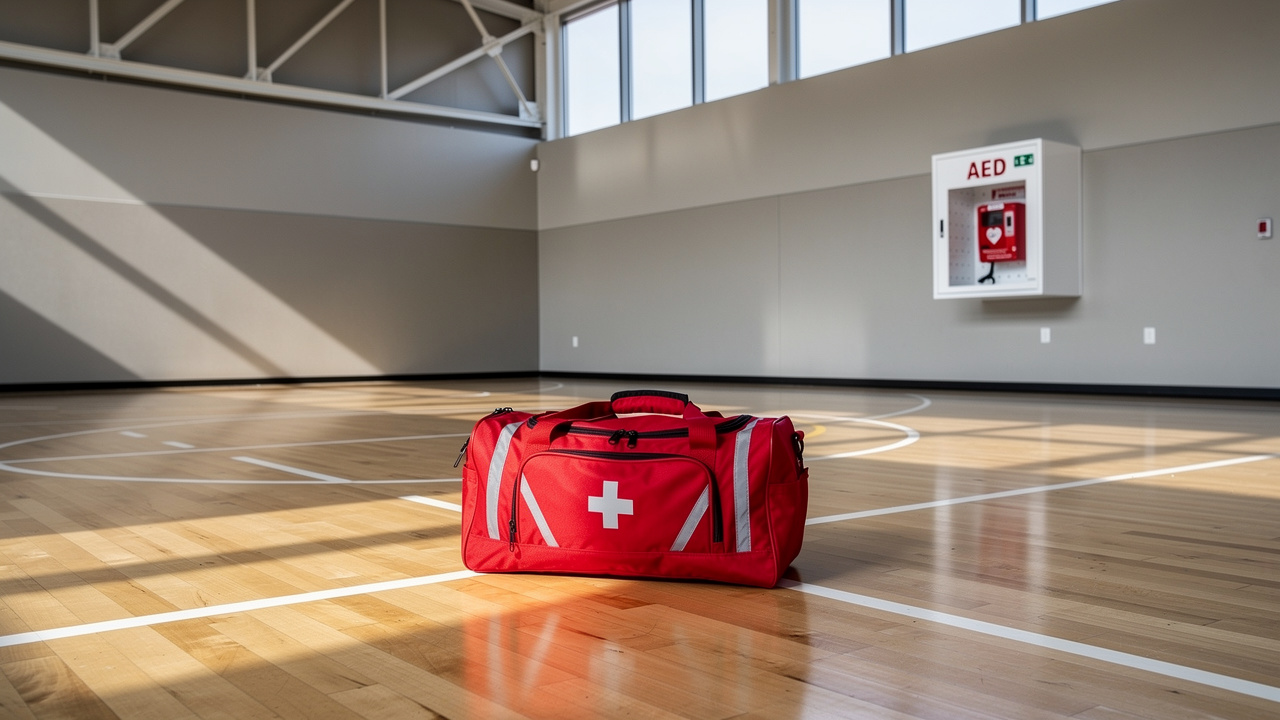 Emergency medical equipment positioned in school gymnasium