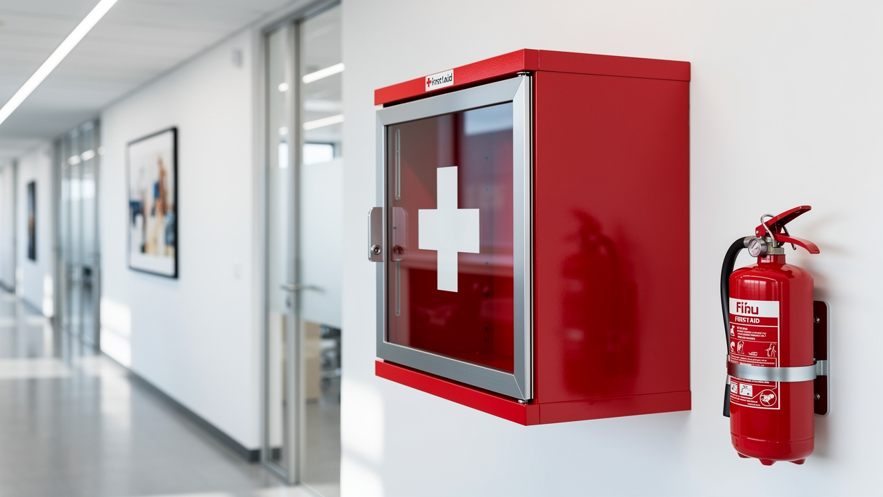 Red first aid cabinet mounted in professional office setting