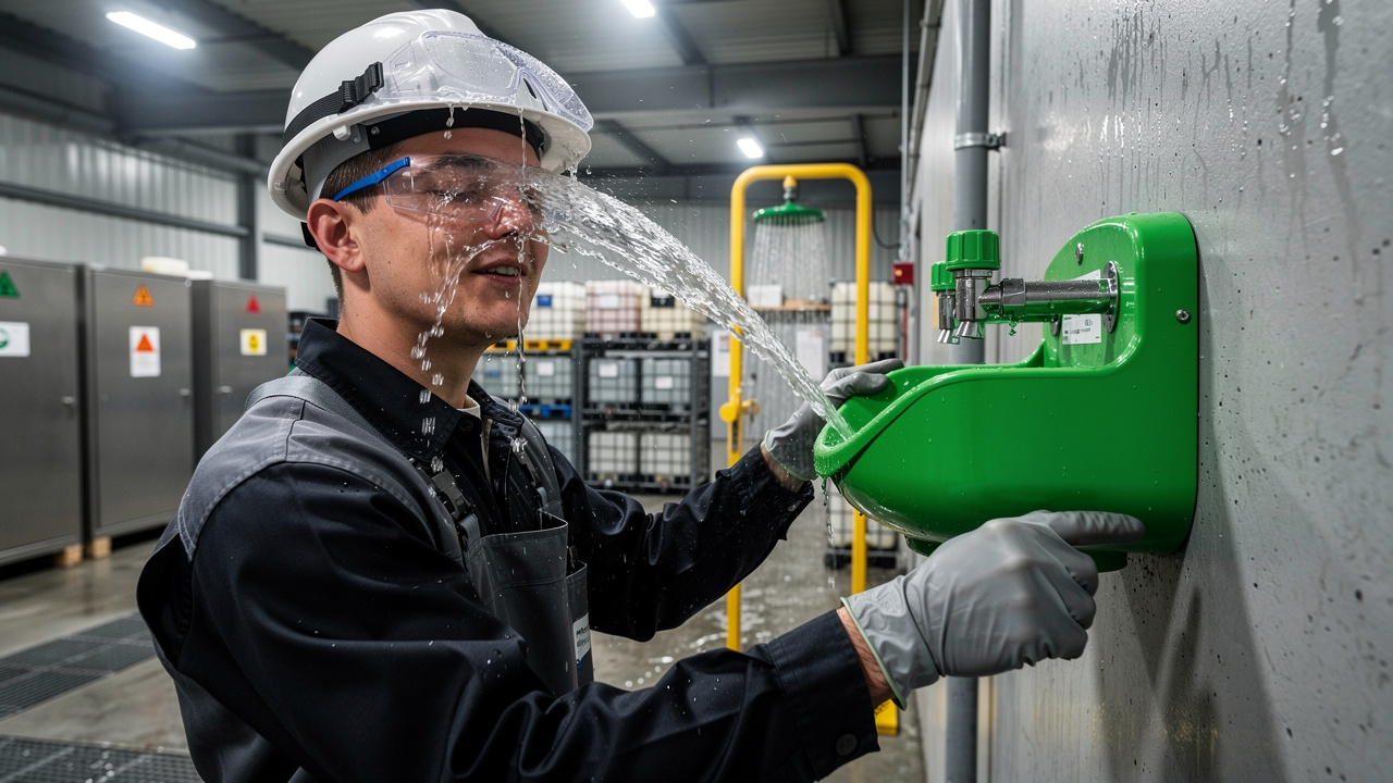 Worker using eyewash station after chemical burn exposure
