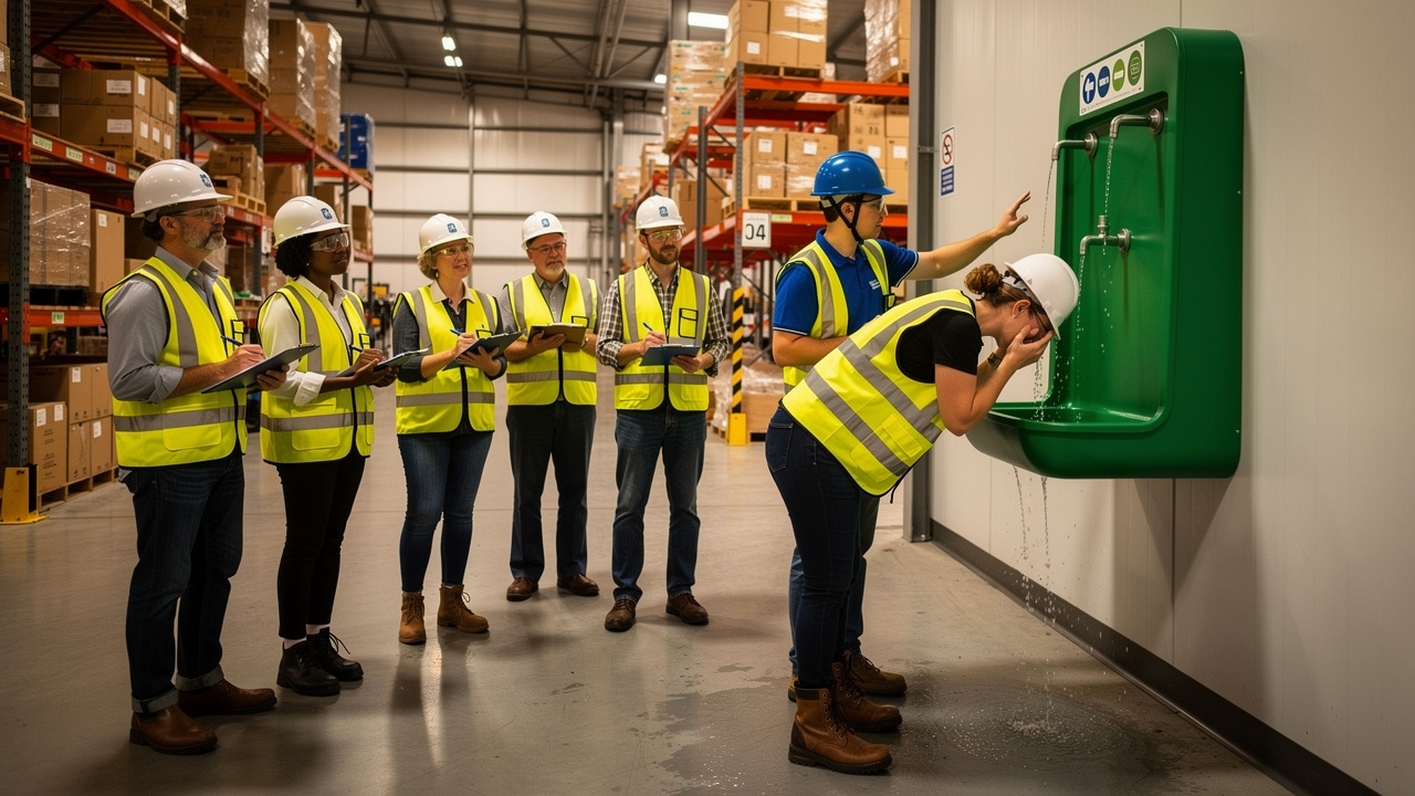 Workers practicing first aid for chemical burns eyewash training drill