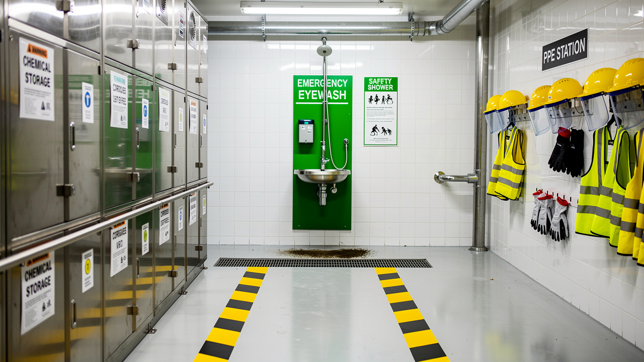 Emergency eyewash station and safety shower in industrial workplace