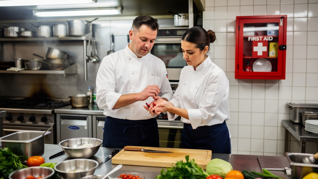 Kitchen staff responding to minor injury near first aid kit for workplace