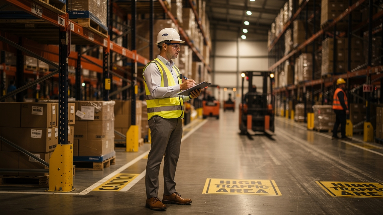 Safety officer performing workplace hazard evaluation in warehouse for first aid kit sizes