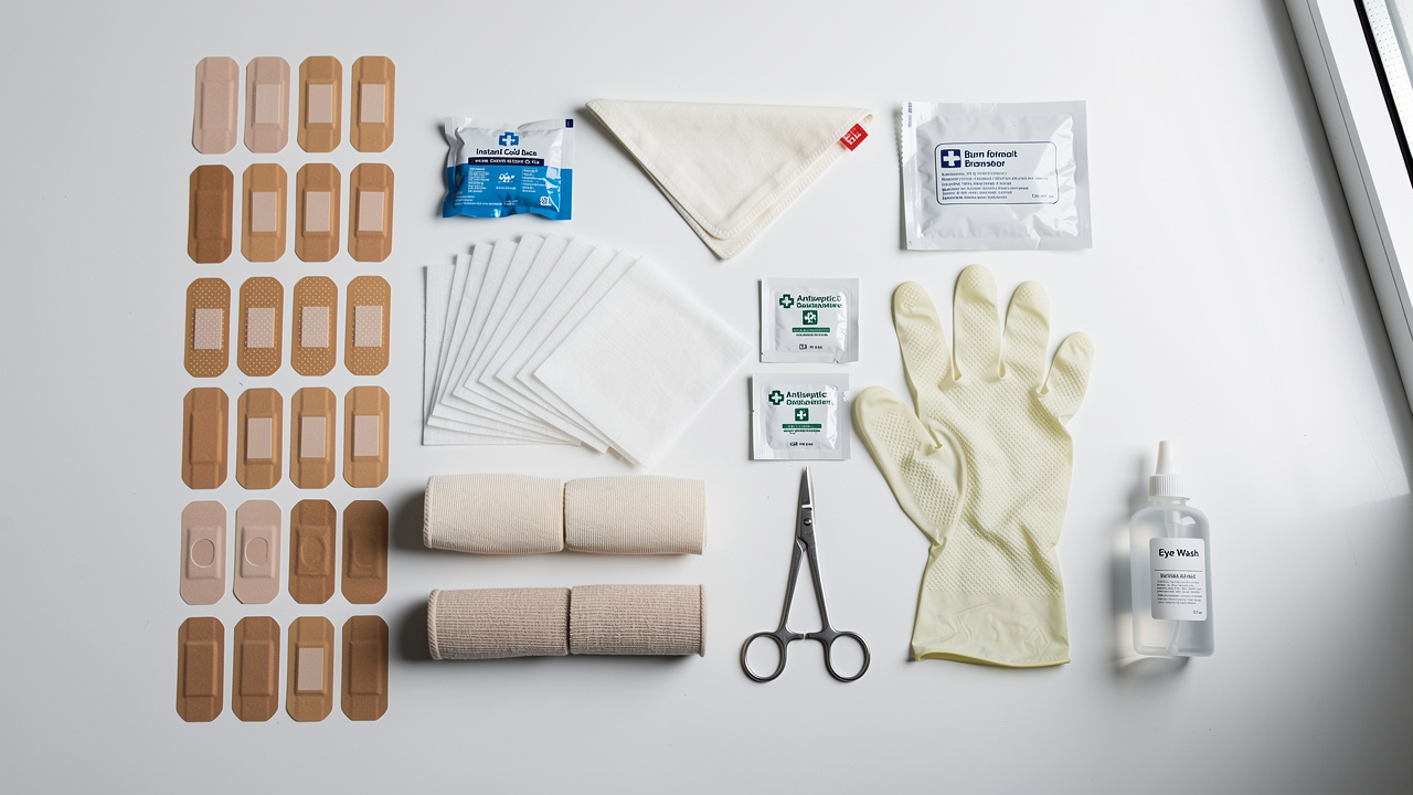Essential first aid supplies organized on white surface
