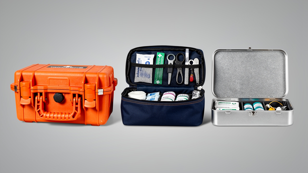 Different first aid kit case materials and styles displayed
