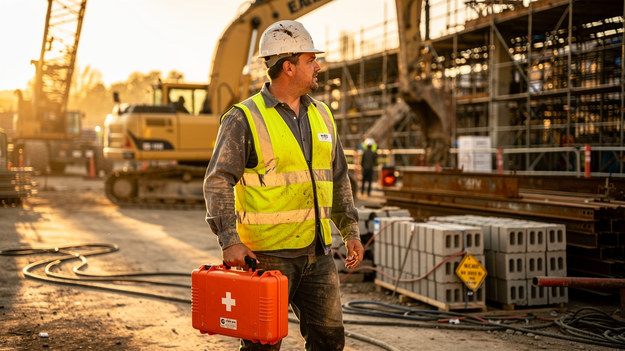 Construction manager with portable first aid kit at worksite