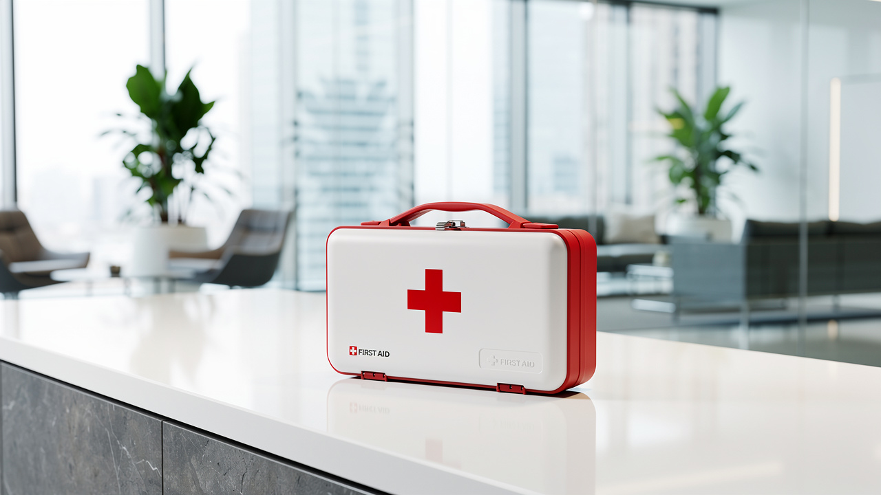 Branded first aid kit displayed at modern office reception