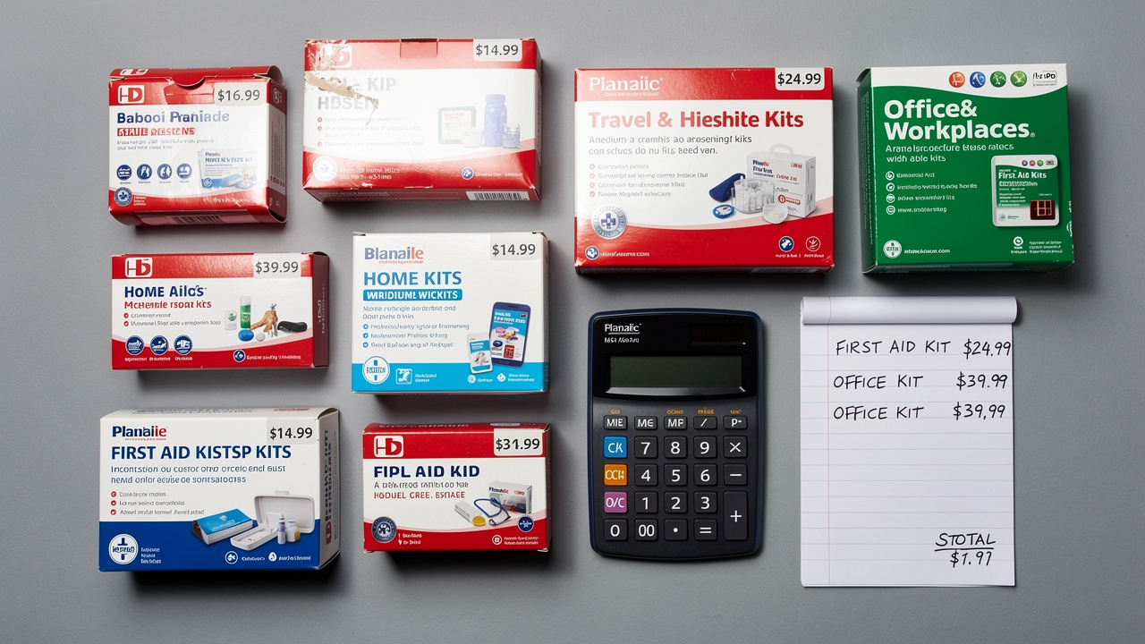 Various retail first aid kits with price tags