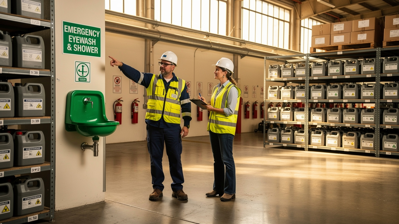 Safety manager inspecting eyewash station during workplace audit