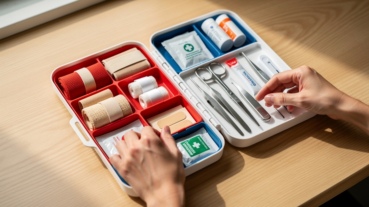 Organized medical supplies arranged inside custom first aid kit