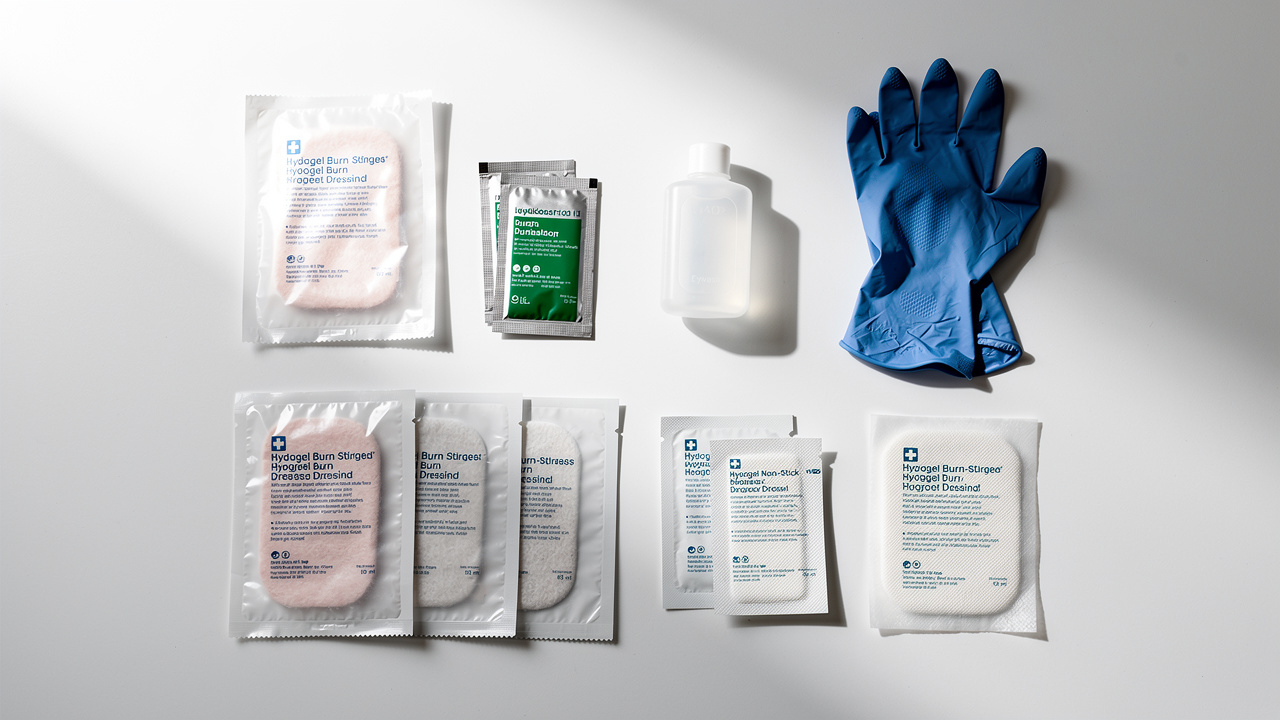 Organized workplace burn first aid kit with hydrogel dressings