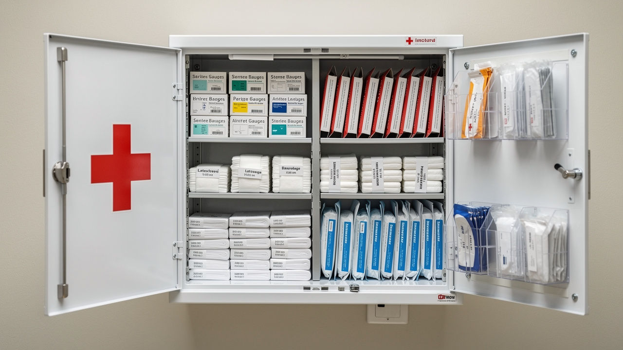 ANSI-compliant first aid cabinet with organized medical supplies