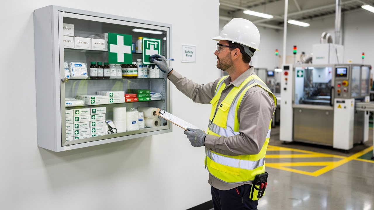 Safety inspector conducting first aid kit compliance check