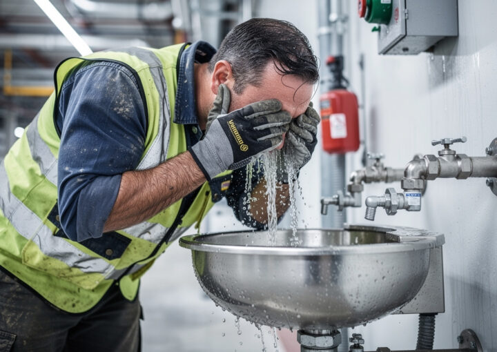 worker using an eyewash station