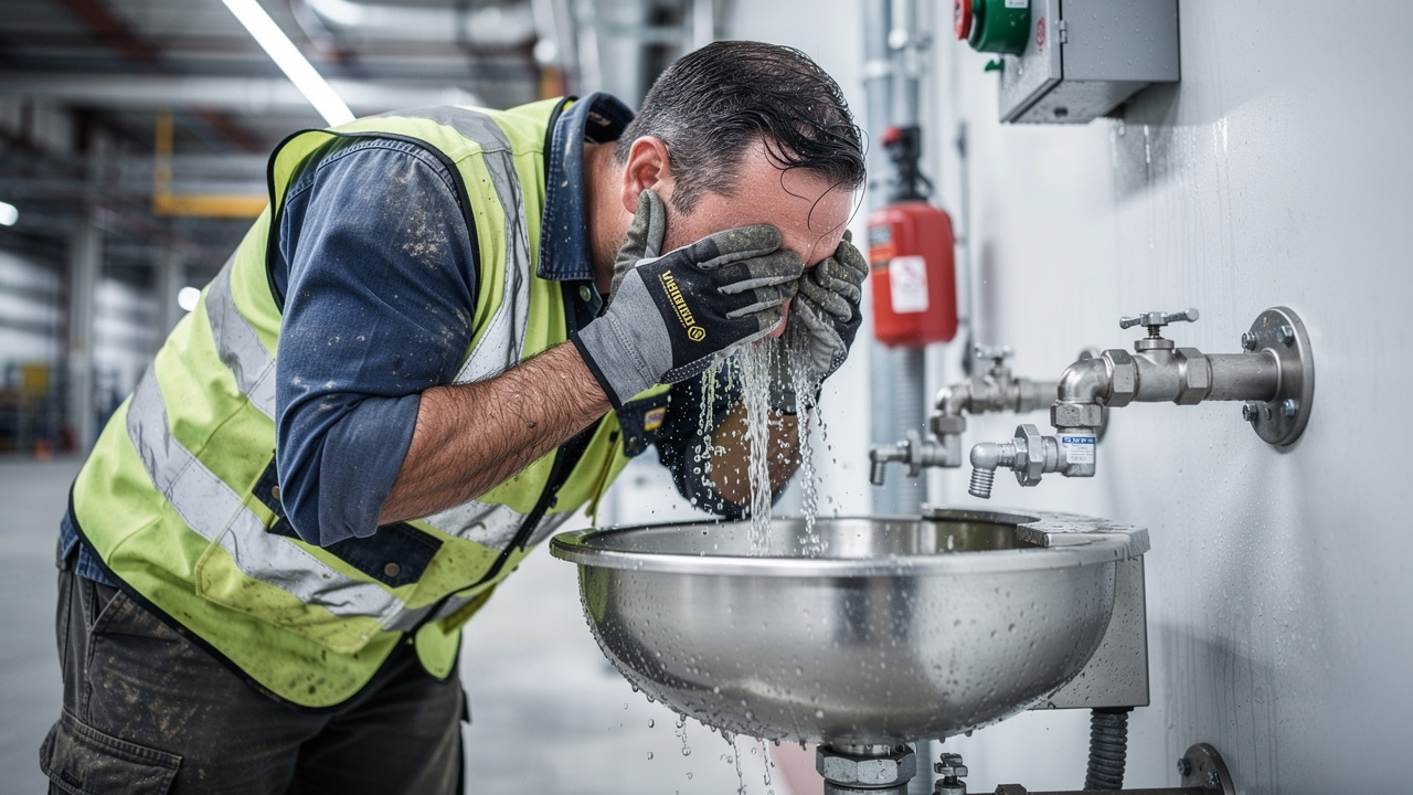 worker using an eyewash station