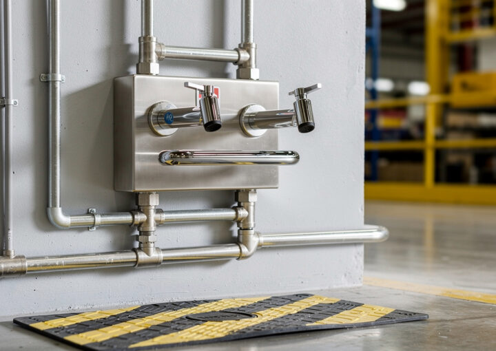 plumbed eyewash station in a workplace