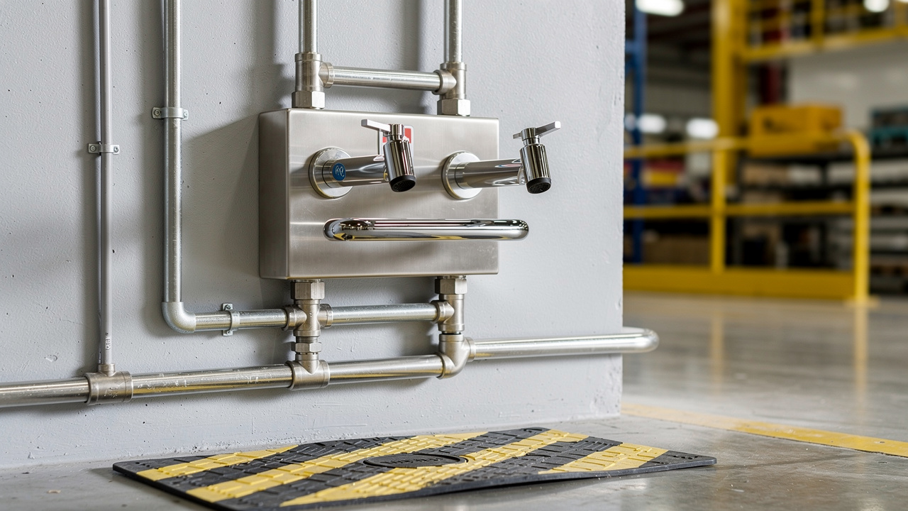 plumbed eyewash station in a workplace
